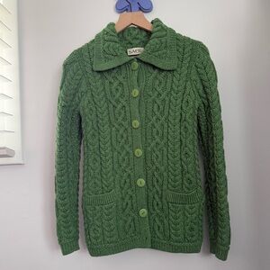 Saol XS Aran Irish Cardigan Cable Knit Merino Wool Green St. Patrick’s Day